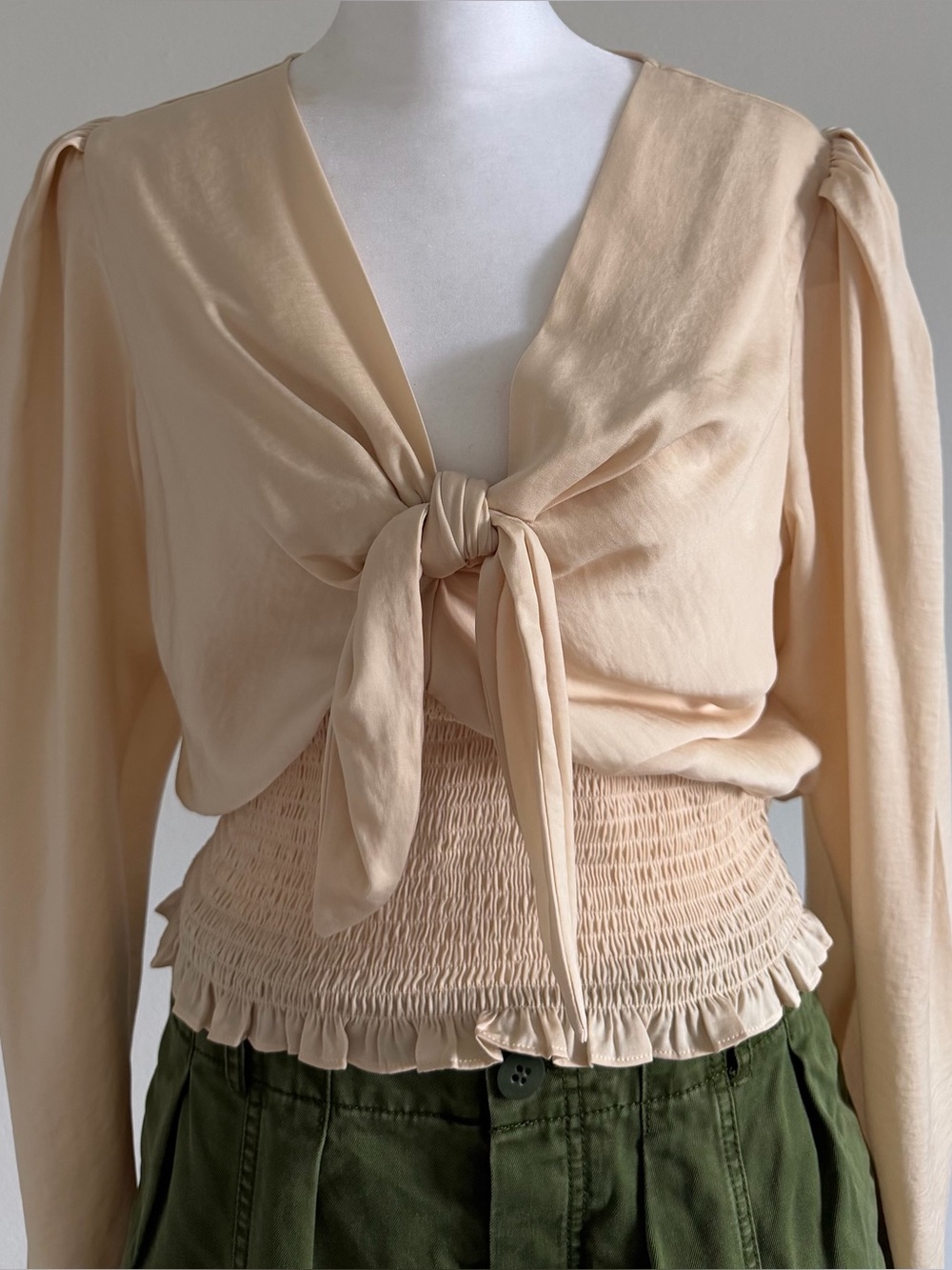 Express Tie-Front Smocked Hem Long-Sleeve Top in Cream